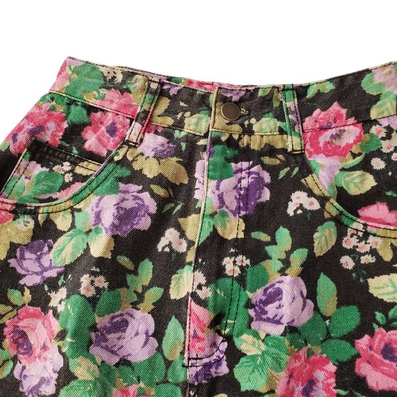 Vintage 80s 90s Floral Denim Skirt XS Breaker Jeans Pinch Waist Retro Mini - Picture 3 of 8